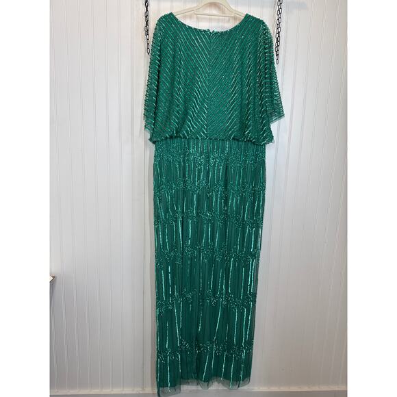 NWT Adrianna Papell Hand-Beaded Illusion Long Column Blouson Gown Green 16W - Picture 3 of 8